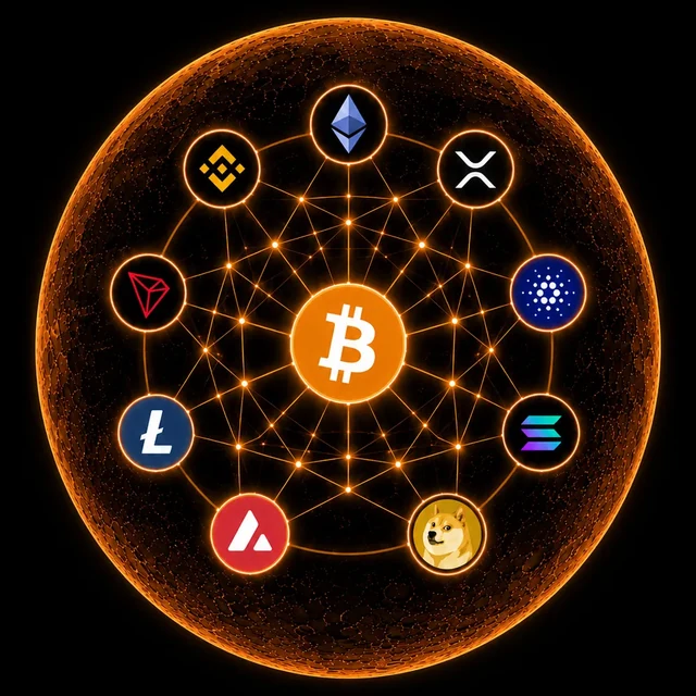 An orange network connecting major digital assets